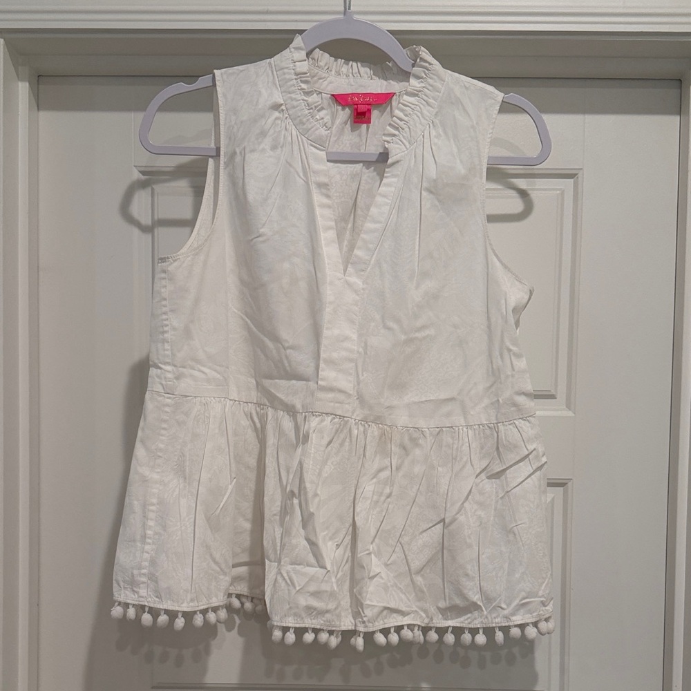 Lilly Pulitzer White Sleeveless Ruffle Pom-Pom Hem Top